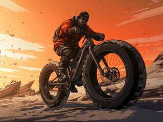 Colorful illustration capturing the action of a man riding a fat-tired mountain bike, showcasing the dynamic and vibrant energy of outdoor adventure.