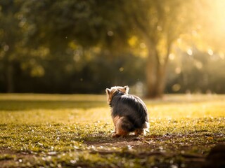 Closeup of a dog pooping outdoors - obrazy, fototapety, plakaty