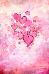 Doodles of pink hearts on scrapbooking background, weathered, distressed, vintage backdrop for modern and artistic love letters, wedding, Valentines celebrations.