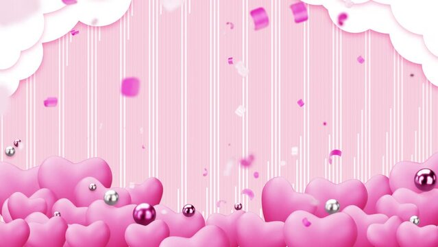 Happy Valentine's day february of love romantic wedding greeting video concept with pink heart shape falling confetti on pastel color pink abstract motion background. Animation of love festival.