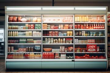 Supermarket products on shelfs, front view. Shopping in the store - obrazy, fototapety, plakaty