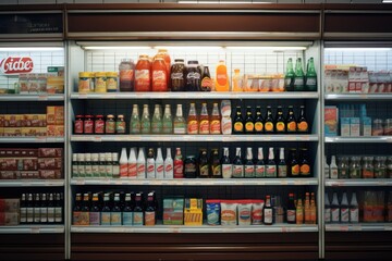 Supermarket shopping. Products on store shelfs, front view. 