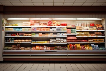 Supermarket products on shelfs, front view. Shopping in the store - obrazy, fototapety, plakaty