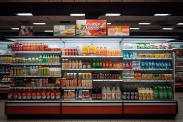 Supermarket shopping. Products on store shelfs, front view. 