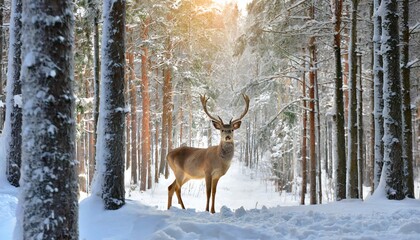 Deer in beautiful winter landscape with snow