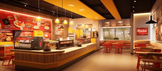 Fast food restaurant, shop store interior view