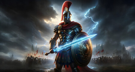 Ancient Spartan warrior in a Greek armor, standing boldly with a sword and a large shield. Helm with a striking red plume. mystical blue lighting along the sword. Army in formation. Epic battle scene