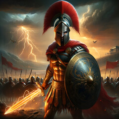 Ancient Spartan warrior in a Greek armor, standing boldly with a sword and large shield. Helm with a striking red plume. Mystical orange lighting along the sword. Army in formation. Epic battle scene - obrazy, fototapety, plakaty