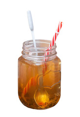 Mason jar glass of green tea with straw isolated on a white background, png