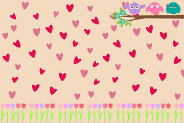 cute pattern background Suitable for Valentine's Day Media love with many hearts, tulips and 3 cute birds.