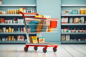 Shopping cart in supermarket aisle, products on market shelfs, grocery store . 