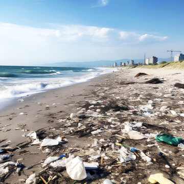  view sunny beach on the shore plastic rubbish, Generative AI