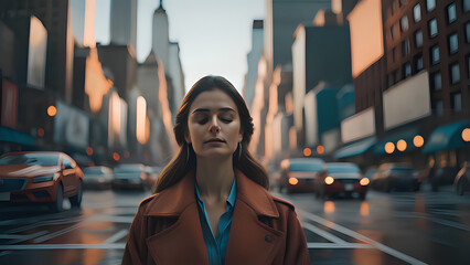 young woman looks for concentration in a chaotic city like New York - meditation - concentration - relax