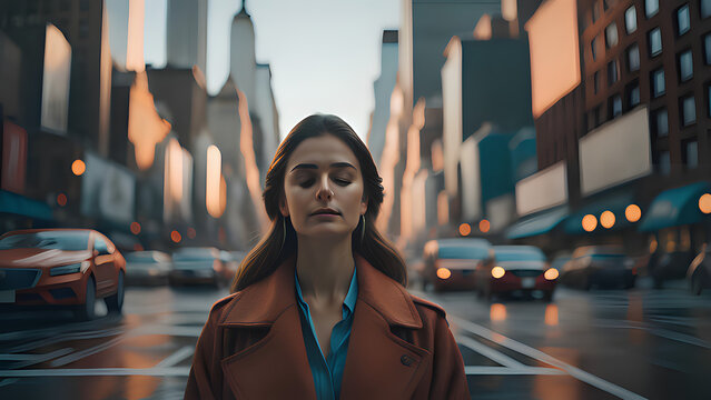 young woman looks for concentration in a chaotic city like New York - meditation - concentration - relax