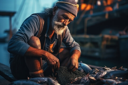 A fisherman mending fishing nets by the harbor, preparing for the next catch. Concept of traditional fishing practices. Generative Ai.