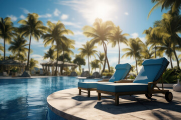 Fototapeta premium A sparkling poolside oasis with lounge chairs and palm trees. Concept of a tropical paradise. Generative Ai.