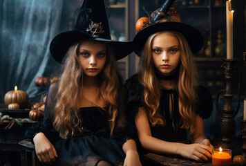 Obraz na płótnie Canvas Two Young and Gorgeous Women Dressed as Spooky Witches for Halloween Festivities AI generated