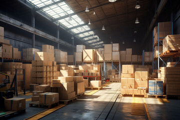 Organized  Modern logistic Warehouse Interior with Stacked Pallets, Forklifter and Boxes