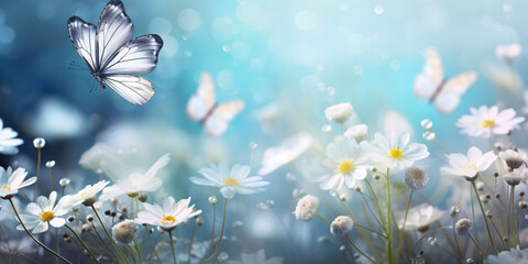 flowers and white butterflies with abstract bokeh background