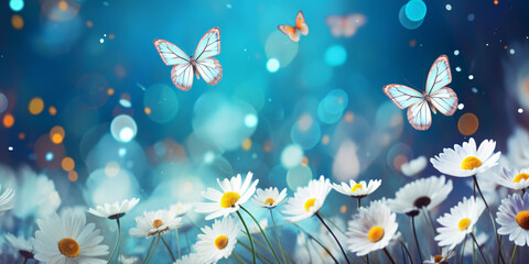 Fototapeta na wymiar flowers and white butterflies with abstract bokeh background