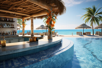 A resort pool with a built-in swim-up bar for tropical cocktails. Concept of vacation indulgence....