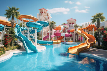 A children's pool with colorful water slides and fountains. Concept of family-friendly fun. Generative Ai. - obrazy, fototapety, plakaty