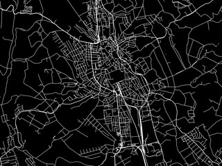 Vector road map of the city of Eger in Hungary with white roads on a black background.