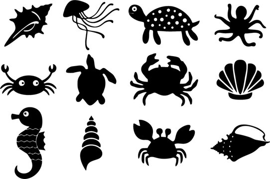 Under water animals, fish, seahorse, seashell collection clip art. Editable vector, easy to change color or manipulate for designing poster, banner, flyer or stickers. eps 10.