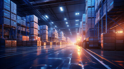 Organized  Modern logistic Warehouse Interior with Stacked Pallets, Forklifter and Boxes - obrazy, fototapety, plakaty