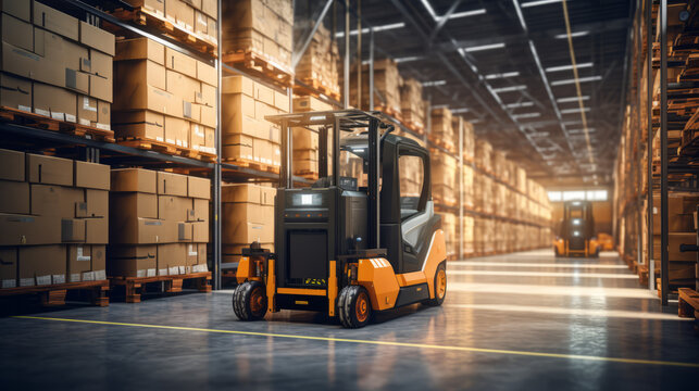 Organized  Modern logistic Warehouse Interior with Stacked Pallets, Forklifter and Boxes