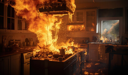 Fire, explosion with red flames of fire in the kitchen.
