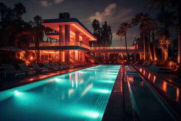 A retro-inspired pool with vintage diving boards and neon lights. Concept of nostalgia and fun. Generative Ai.