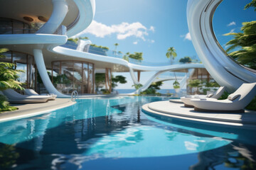 A futuristic pool with a retractable roof for year-round enjoyment. Concept of innovative design. Generative Ai.