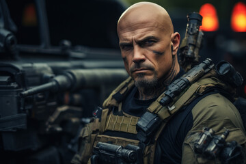 Fototapeta premium An action movie tough guy armed with heavy weaponry, ready for battle. Concept of action film heroism. Generative Ai.