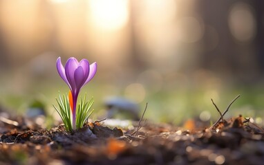 Happy start of spring poster. One beautiful photorealistic purple crocus growing on warm blurred...