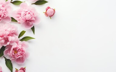 Happy start of spring poster. Beautiful pink peony bouquet isolated, white background. Garden flowers. Copy space at the right, top view, flat lay. Pastel colors. Fresh banner design. AI Generative.