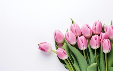 Fototapeta premium Start of spring poster. Beautiful photorealistic pink tulips bouquet isolated on white background. Garden flowers frame. Copy space for your text. Pastel colors. Fresh sale banner. AI Generative.