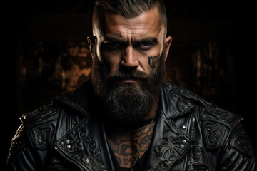 A biker tough guy covered in tattoos and leather, showcasing his rebellious attitude. Concept of motorcycle culture. Generative Ai.