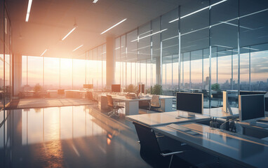 Hermoso fondo borroso de un interior de oficina moderno y luminoso con ventanas panorámicas y una hermosa iluminación.