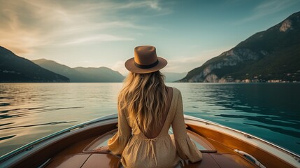 View from behind a woman relaxing on a luxury boat made with Ai generative technology, person is fictional