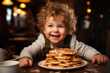happy child eating pancakes in the kitchen