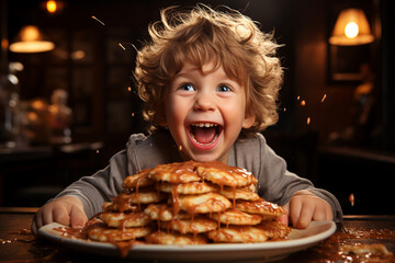 happy child eating pancakes in the kitchen - obrazy, fototapety, plakaty