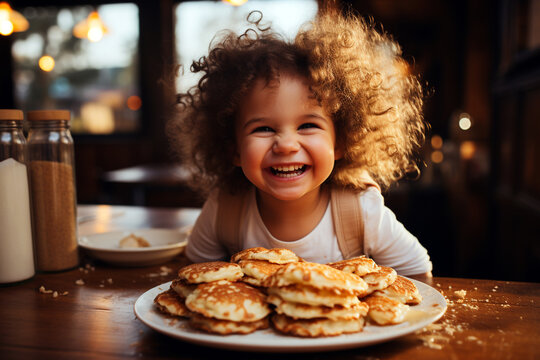 happy child eating pancakes in the kitchen