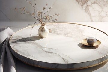 An image showcasing a large marble tabletop with a mesmerizing natural pattern, bathed in soft, diffused light that enhances its visual appeal.