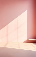 Sencillo y precioso fondo rosa con sombras de ventana iluminada y baldas para presentación de productos. 