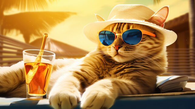 Cute cat wearing sunglasses and tropical cocktail relaxing on vacation on the beach.