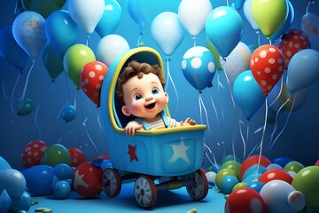 cute cartoon newborn boy with a pacifier in his mouth, in a cradle in a blue room with toys and balloons