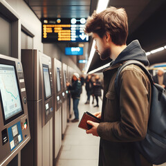 young man buying a ticket at the subway machine. Generative AI - obrazy, fototapety, plakaty