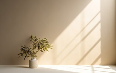 Sombra borrosa de hojas de palma en la pared beige rosa claro con algunas plantas y vegetación.. Fondo abstracto mínimo para la presentación del producto. Primavera y verano. - obrazy, fototapety, plakaty