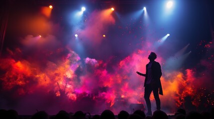 Man singing on stage to a crowd of people at a concert. - obrazy, fototapety, plakaty